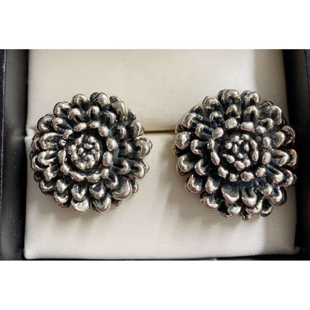 Vintage Sterling Silver 925  Chrysanthemum Flower Post Earrings Large Statement